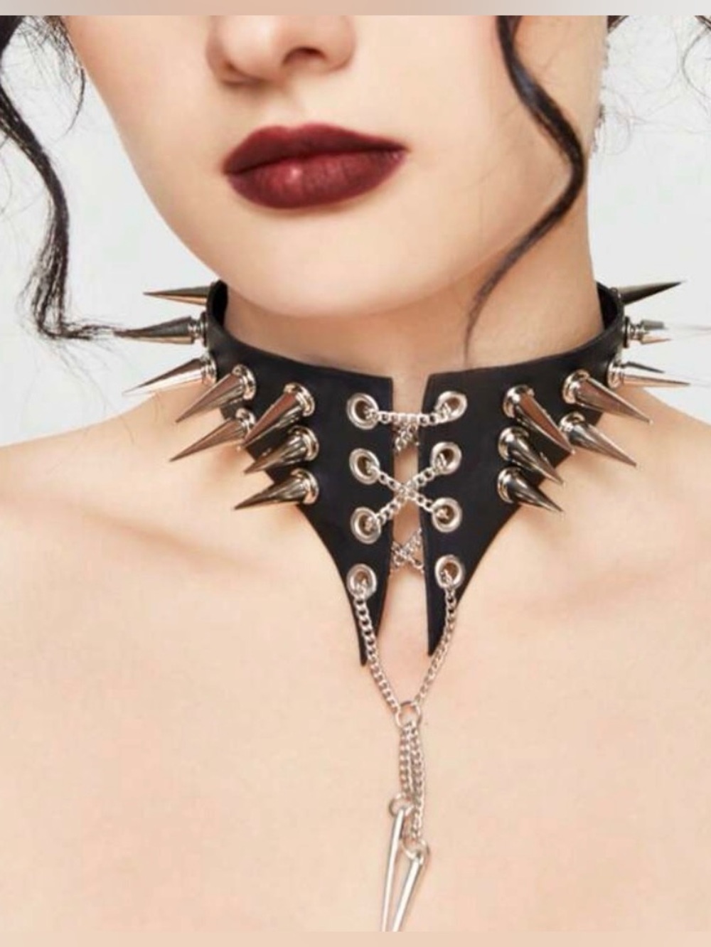 Goth Punk Faux Leather Spiked Choker with Silver Chain Detail